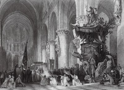 Kathedraal van St. Gudule, met beroemde gebeeldhouwde preekstoel, Brussel door Thomas (after) Allom