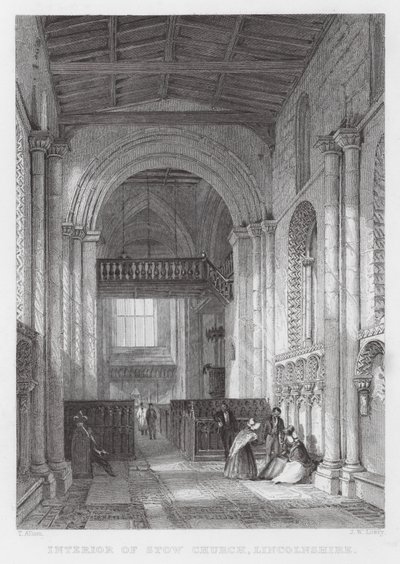 Interieur van Stow Church, Lincolnshire (gravure) door Thomas (after) Allom