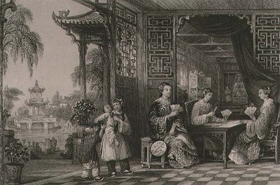 Dames van een Mandarijnfamilie aan het kaarten, uit 