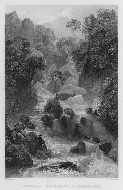 Lowdore-waterval, Cumberland (gravure) door Thomas (after) Allom