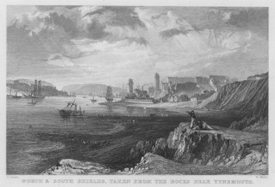 North en South Shields, genomen vanaf de rotsen bij Tynemouth (gravure) door Thomas (after) Allom