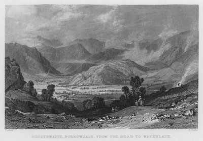 Rossthwaite, Borrowdale, vanaf de weg naar Watenlath (gravure) door Thomas (after) Allom