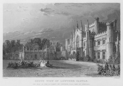 Zuidaanzicht van Lowther Castle, de zetel van William Lowther, graaf van Lonsdale (gravure) door Thomas (after) Allom