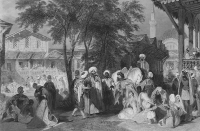 De Aurut Bazaar, of Slavenmarkt, Constantinopel (gravure) door Thomas (after) Allom