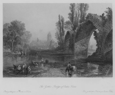 De Gotische Brug van Eudes, Tours (gravure) door Thomas (after) Allom