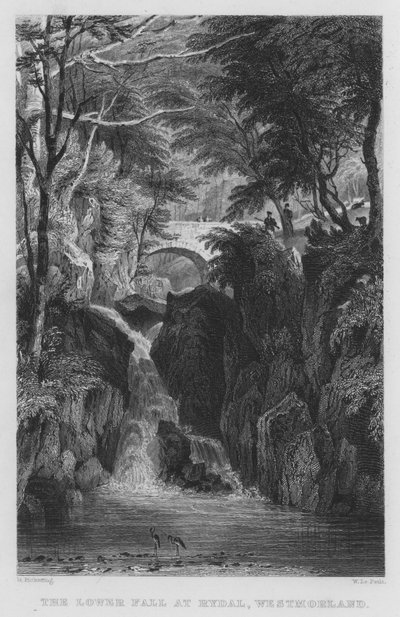 De onderste waterval bij Rydal, Westmorland door Thomas (after) Allom