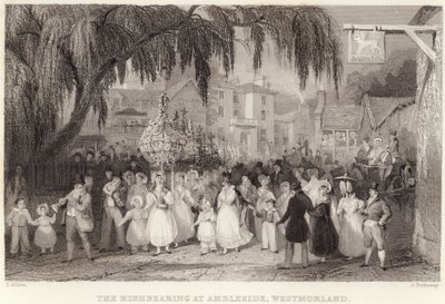 Het Rushbearing in Ambleside, Westmorland (gravure) door Thomas (after) Allom