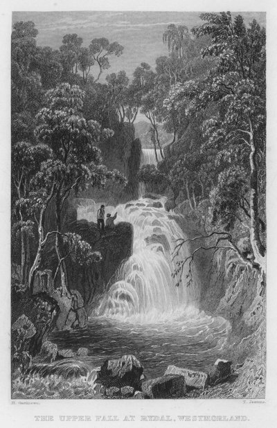 De bovenste waterval bij Rydal, Westmorland (gravure) door Thomas (after) Allom