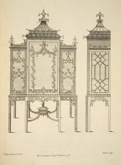 Ontwerp voor een porseleinkast, gepubliceerd 1753 (gravure) door Thomas (after) Chippendale