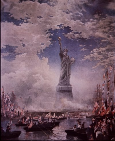 Onthulling van het Vrijheidsbeeld in de haven van New York, 28 oktober 1886 (kleur litho) door Thomas (after) Moran