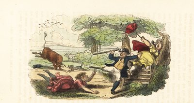 Een familie van botanici aangevallen door een stormende stier in een veld, 1831 (gravure) door Thomas (after) Rowlandson