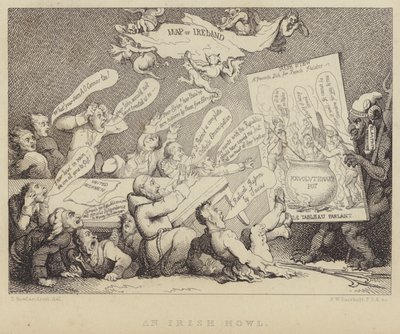 Een Ierse weeklacht: bijeenkomst van de Nationale Conventie van Verenigde Ieren die de verschrikkingen van het republicanisme getoond krijgen, zoals geïllustreerd door de Franse Revolutie door Thomas (after) Rowlandson
