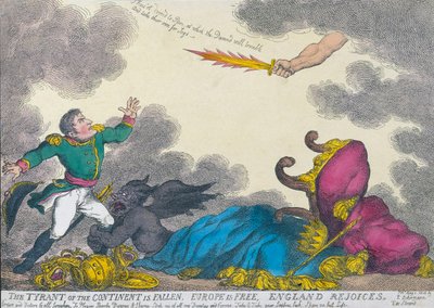 Spotprent ter viering van Napoleons abdicatie in 1814. door Thomas (after) Rowlandson