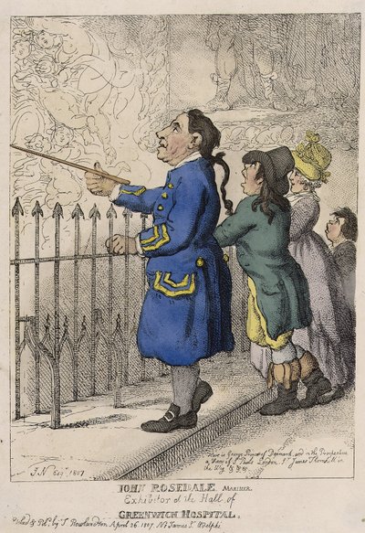 John Rosedale, zeeman, bezoekersgids in de lobby van het Greenwich Hospital (Engeland) door Thomas (after) Rowlandson