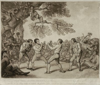 De bokswedstrijd tussen Daniel Mendoza en Richard Humphreys in Stilton, Huntingdonshire, 6 mei 1789, gegraveerd door Joseph Grozer (c.1755-99) door Thomas (after) Rowlandson