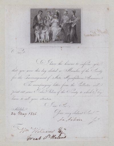 Bevestigingsbrief van verkiezing tot lidmaatschap van de Society for the Encouragement of Arts, Manufacturies and Commerce door Thomas (after) Stothard