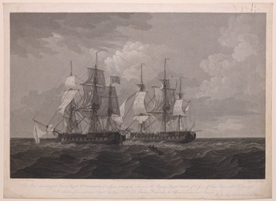 Deze plaat toont het Franse fregat La Proserpine van 40 kanonnen die haar kleuren strijkt voor Zijne Majesteits fregat Dryad van 36 kanonnen bij Kaap Clear, op 13 juni 1796... opgedragen aan Kapitein... Lord Amelius Beauclerk... door Thomas (after) Whitcombe