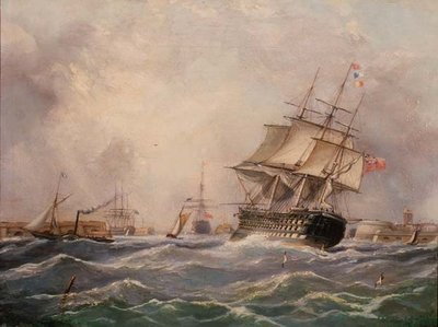 Brits oorlogsschip bij Portsmouth door Thomas (attr. to) Buttersworth