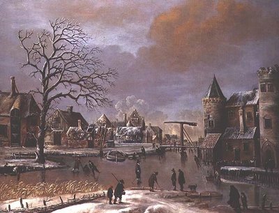 Schaatsers op een bevroren kanaal door Thomas Heeremans