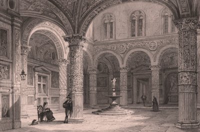 Binnenplaats van Palazzo Vecchio in Florence, Toscane, Italië, gravure door James Tingle naar tekening van Thomas Allom door Thomas Allom