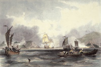 HM Schepen Imogene en Andromache passeren de Batterijen van de Bocca-Tigris, ca. 1850 door Thomas Allom