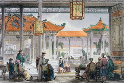 Goochelaars in de hof van een mandarijnenpaleis, China door Thomas Allom