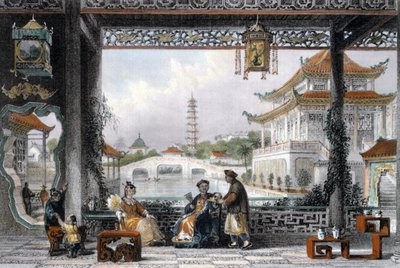 Paviljoen en tuinen van een mandarijn nabij Peking, China door Thomas Allom
