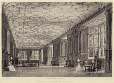 De lange galerij, Haddon Hall, Derbyshire door Thomas Allom