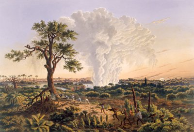 De watervallen bij zonsopgang met de nevelwolk die 1.200 voet stijgt, uitgegeven 1865 door Thomas Baines