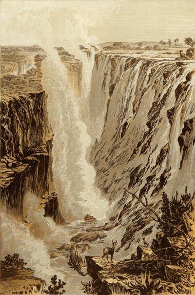 De Victoriawaterval, Zambesi, vanaf het oostelijke uiteinde van de kloof (chromolitho) door Thomas Baines