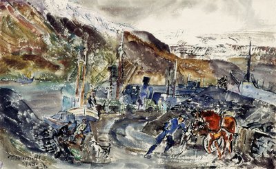 Lokale Kolenkarren en Trawlers, Seydisfjordur, IJsland door Thomas Barclay Hennell