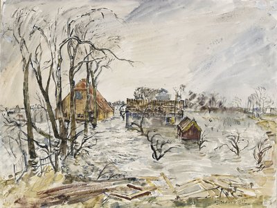 Walcheren eiland (Nederland) overstroomd. Schilderij door Thomas Hennel (1903-1945), aquarel 1944 door Thomas Barclay Hennell