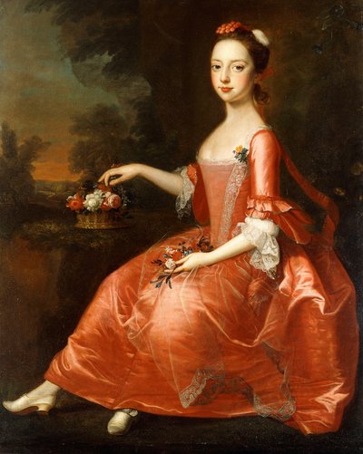 Portret van een jonge dame, zittend in volle lengte, in een rode jurk door Thomas Bardwell