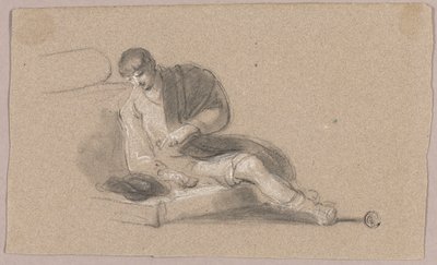 Zittende man wijst naar beneden (recto en verso) door Thomas Barker