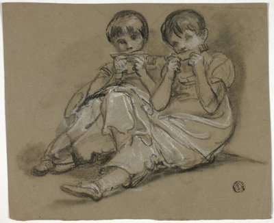 Twee meisjes spelen op kammen (recto); Schets van zittende vrouw met fragment van een andere figuur (verso) door Thomas Barker