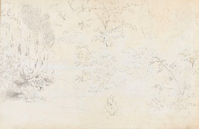 Een studie in grafiet van de brug en bomen vanuit het westen door Thomas Baxter