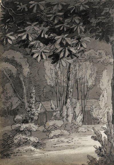 Een uitzicht door bomen naar een gebouw met één verdieping door Thomas Baxter