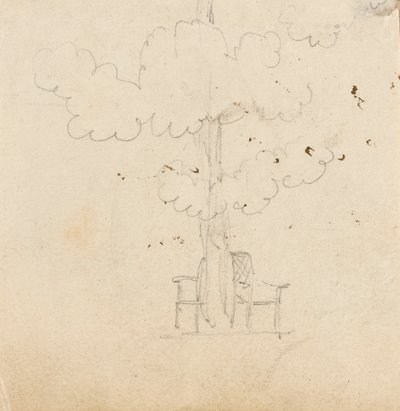Studie van een boom met twee stoelen aan weerszijden van de stam door Thomas Baxter