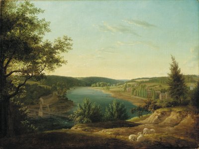 Uitzicht op de Kettingbrug en watervallen van de Schuylkill, vijf mijl van Philadelphia door Thomas Birch