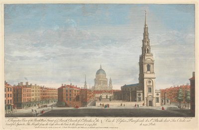 Een perspectief van de noordwestelijke voorkant van de parochiekerk van St. Brides, met de prachtige torenspits & c. De hoogte van het kruis boven de windwijzer tot de grond is 242 voet door Thomas Bowles