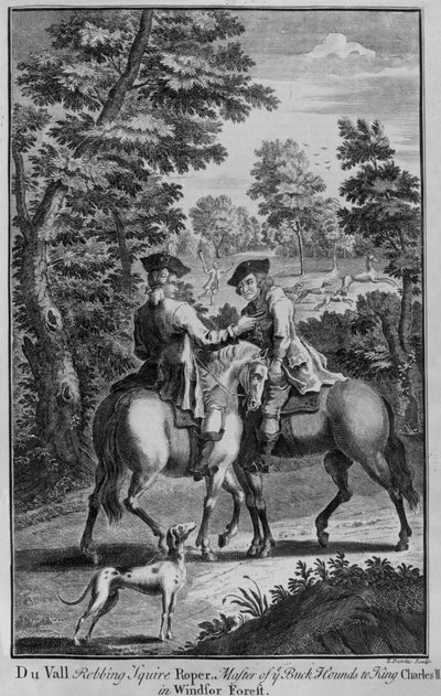 Claude Duval berooft Squire Roper, Meester van de Buckhounds van Koning Charles II, in Windsor Forest door Thomas Bowles