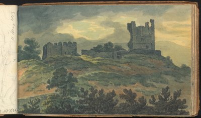 Album van Landschap- en Figurenstudies: Kasteelruïnes op een Heuveltop door Thomas Bradshaw