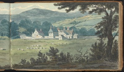 Album van Landschap- en Figurenstudies: Landelijk landschap met boerderij en grazende schapen door Thomas Bradshaw