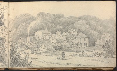 Album van Landschap- en Figurenstudies: Landelijk Tafereel met Huizen en een Jager met Zijn Hond door Thomas Bradshaw
