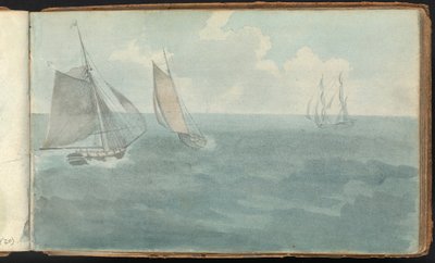 Album van Landschap- en Figurenstudies: Drie Schepen op Zee door Thomas Bradshaw