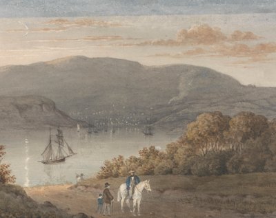 Port Louis vanaf La Petite Montagne (schemering) met een ruiter en figuren op de voorgrond door Thomas Bradshaw