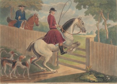 Jacht [twee van een set van twaalf]: 7. [Een ruiter die een paard naar een hek leidt] door Thomas Burford