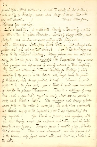 Beschrijft een bezoek aan de National Academy [Gallery] in Londen. Transcriptie door Thomas Butler Gunn