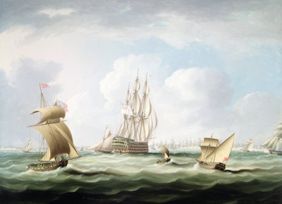 Een eersteklas schip met een vice-admiraal van de witte vloot en andere schepen in de baai van Cadiz door Thomas Buttersworth