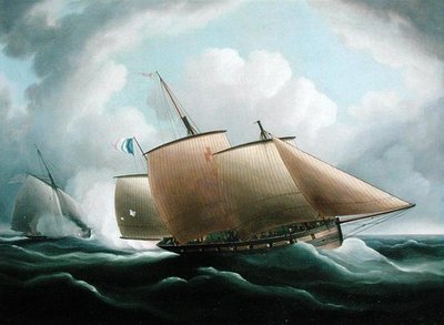 Een Franse Lugger Achtervolgd door een Engelse Schoener door Thomas Buttersworth